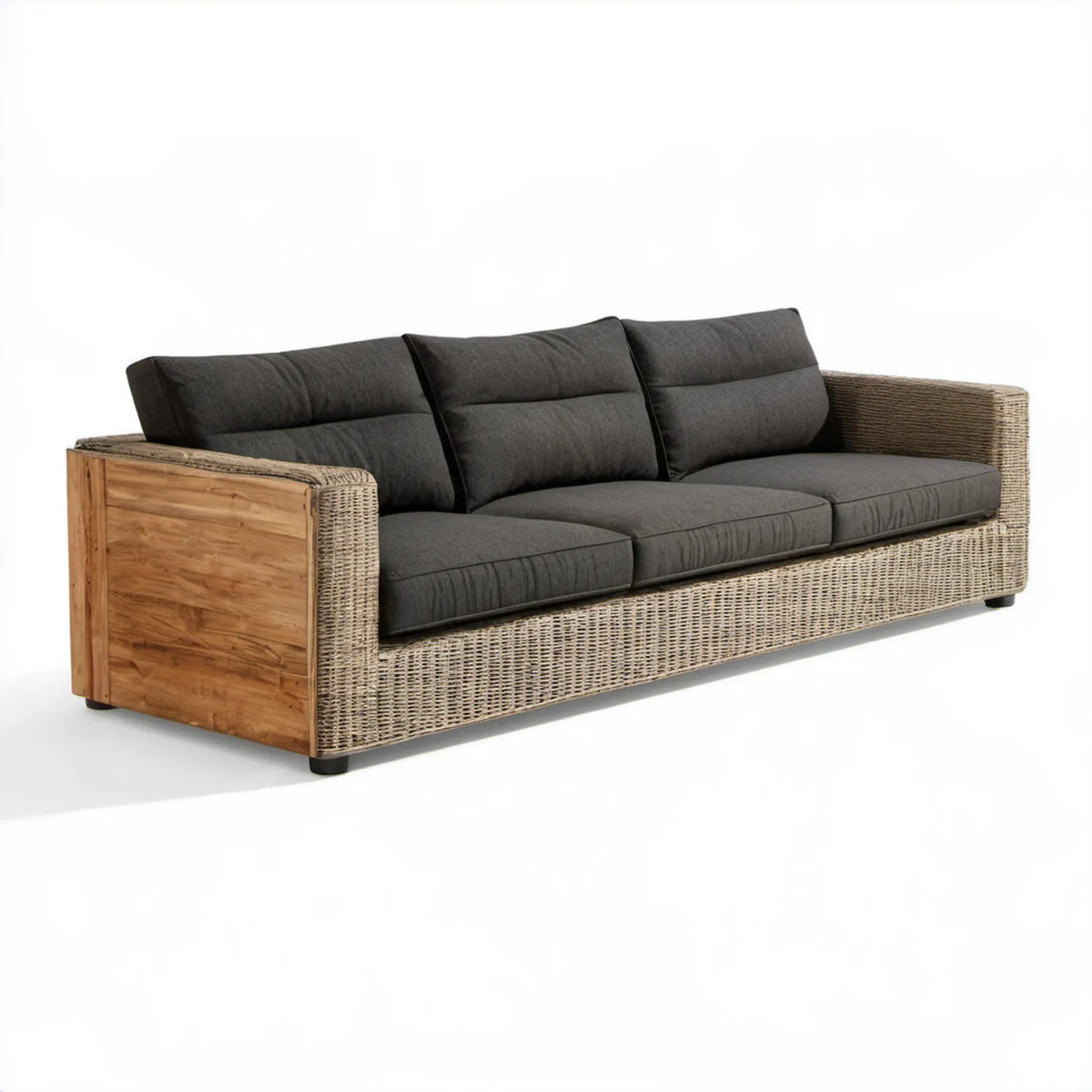 Trzyosobowa sofa ogrodowa z technorattanu PE i drewna akacjowego, naturalny brąz/beżowy/grafitowy, 220 x 85 x 78 cm