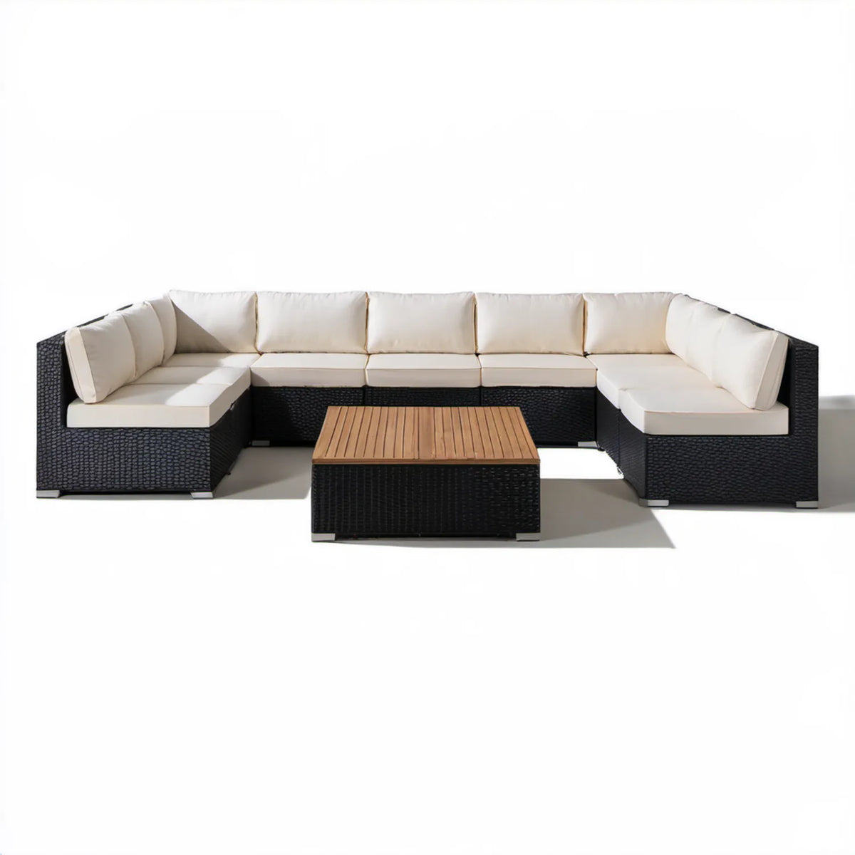Modułowy zestaw wypoczynkowy w kształcie U z technorattanu PE 300 x 230 x 65 cm Czarny/Kremowy/Brązowy