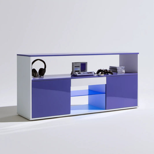 Szafka RTV biała i fioletowa 160 x 40 x 80 cm z laminowanej płyty wiórowej i MDF