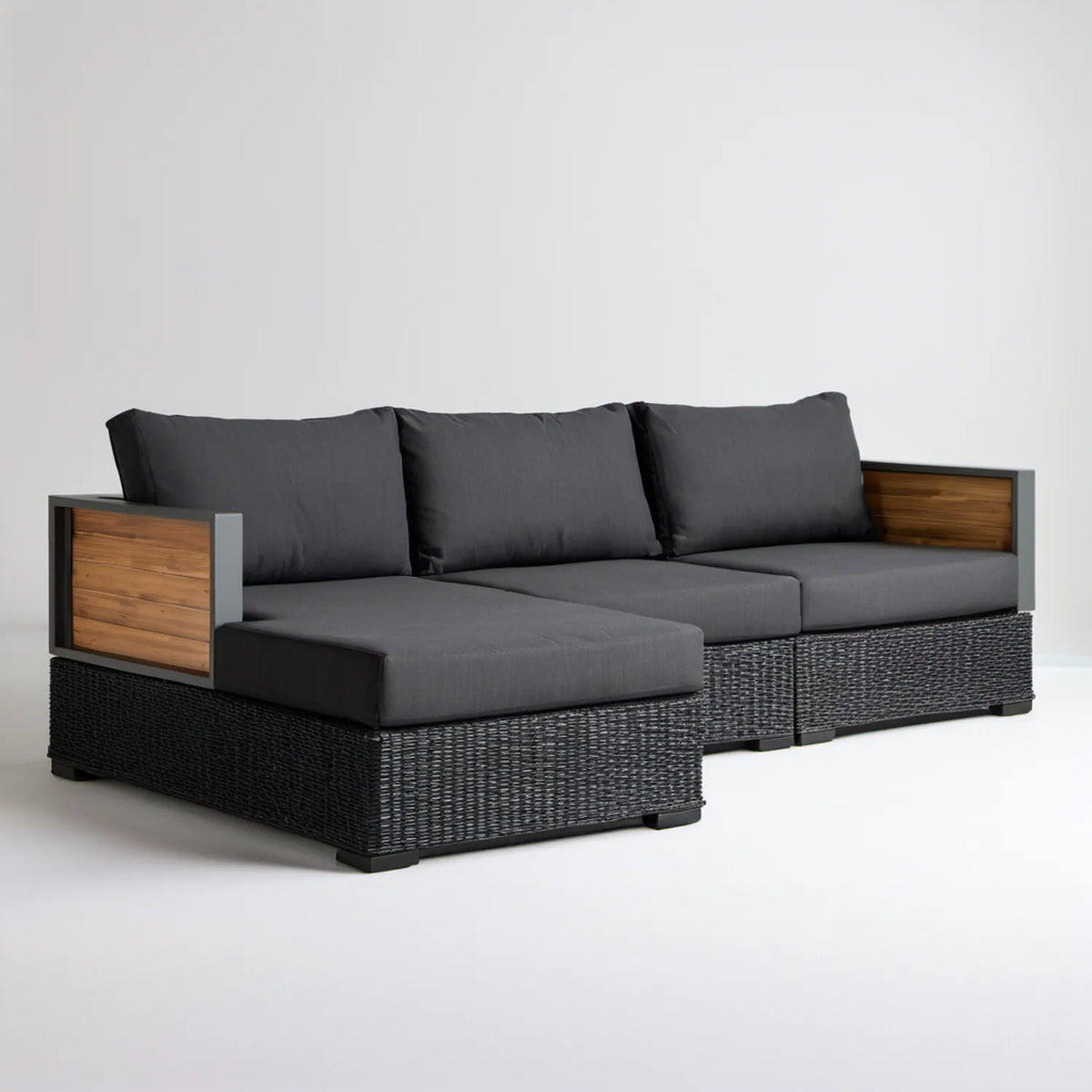 Lewostronna narożna sofa ogrodowa 3-osobowa z technorattanu 210 x 140 x 65 cm, grafitowo-czarno-brązowa