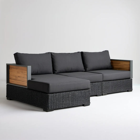 Lewostronna narożna sofa ogrodowa 3-osobowa z technorattanu 210 x 140 x 65 cm, grafitowo-czarno-brązowa
