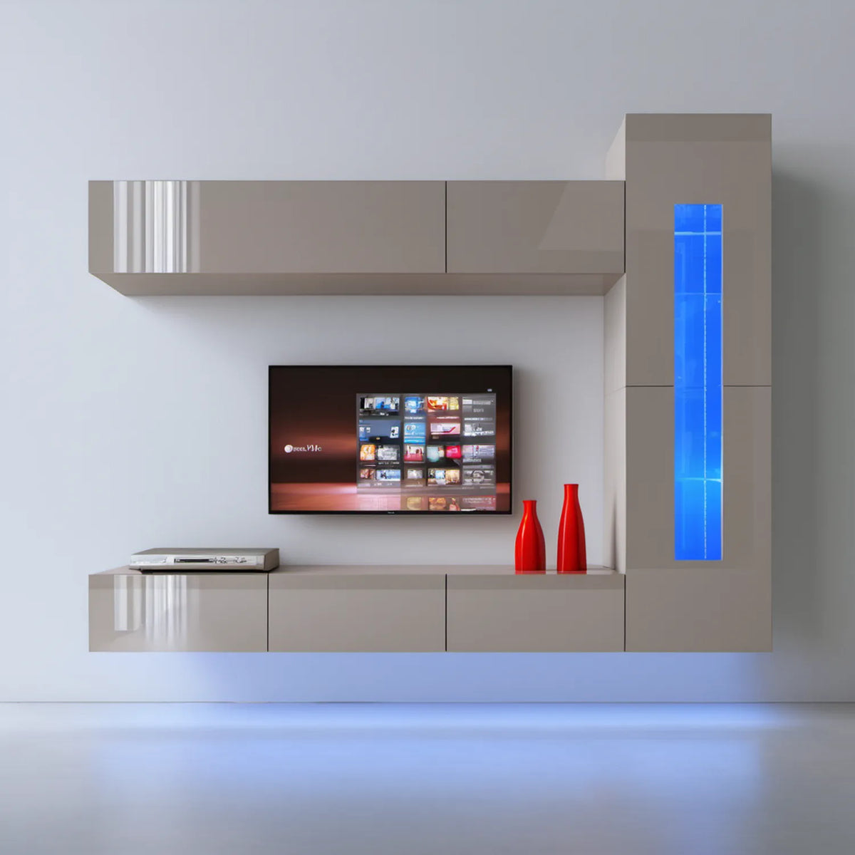 Wiszczący zestaw mebli taupe w wysokim połysku z niebieskim oświetleniem LED, 240 × 40 × 190 cm