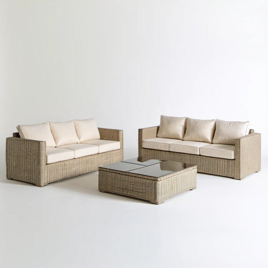 Beżowo-kremowy komplet ogrodowy z technorattanu – 2 sofy 180 × 75 × 70 cm i stolik 100 × 60 × 40 cm