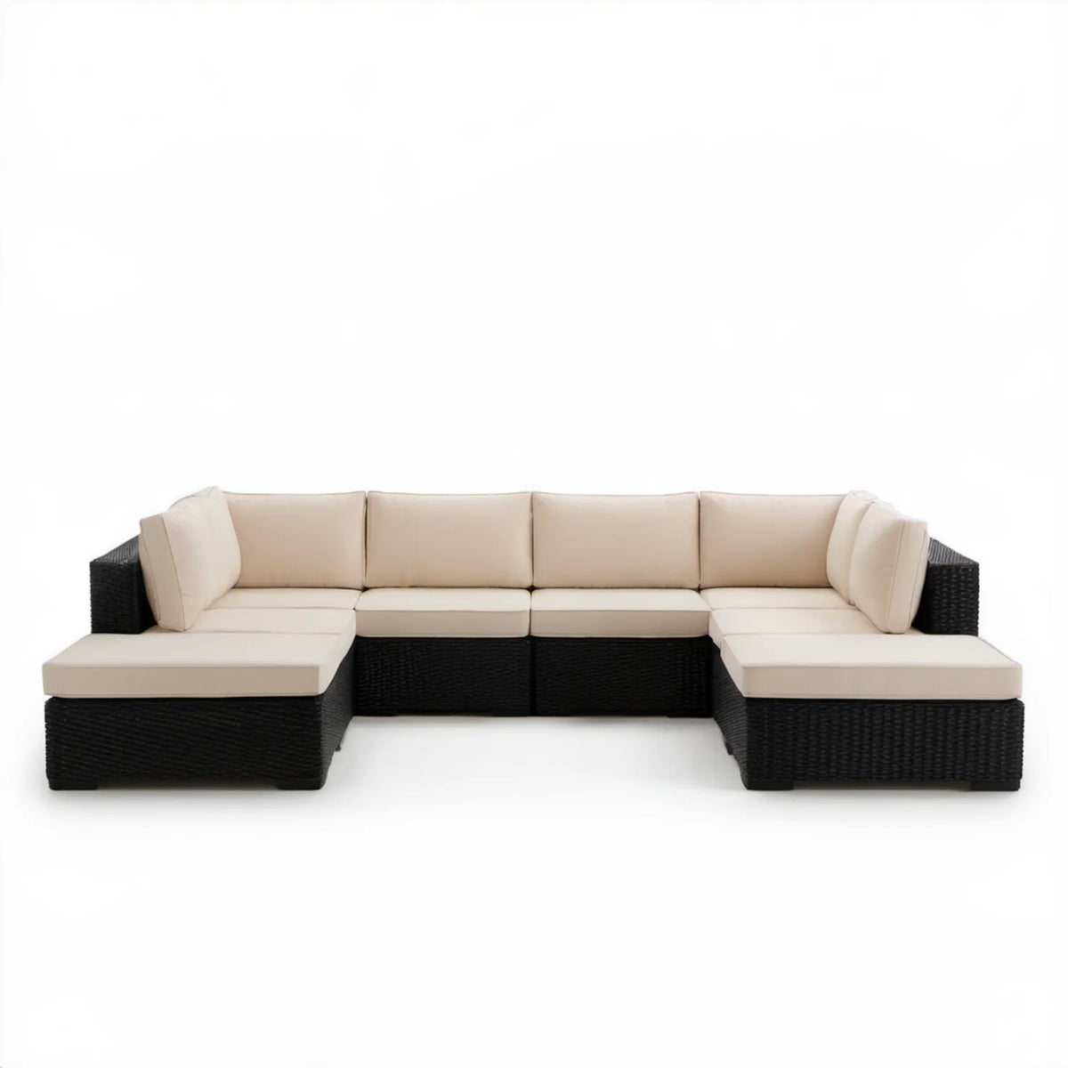 Modułowy zestaw sof ogrodowych w kształcie U z technorattanu PE, czarny/kremowy, 280 x 140 x 63 cm
