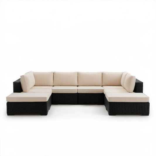Modułowy zestaw sof ogrodowych w kształcie U z technorattanu PE, czarny/kremowy, 280 x 140 x 63 cm