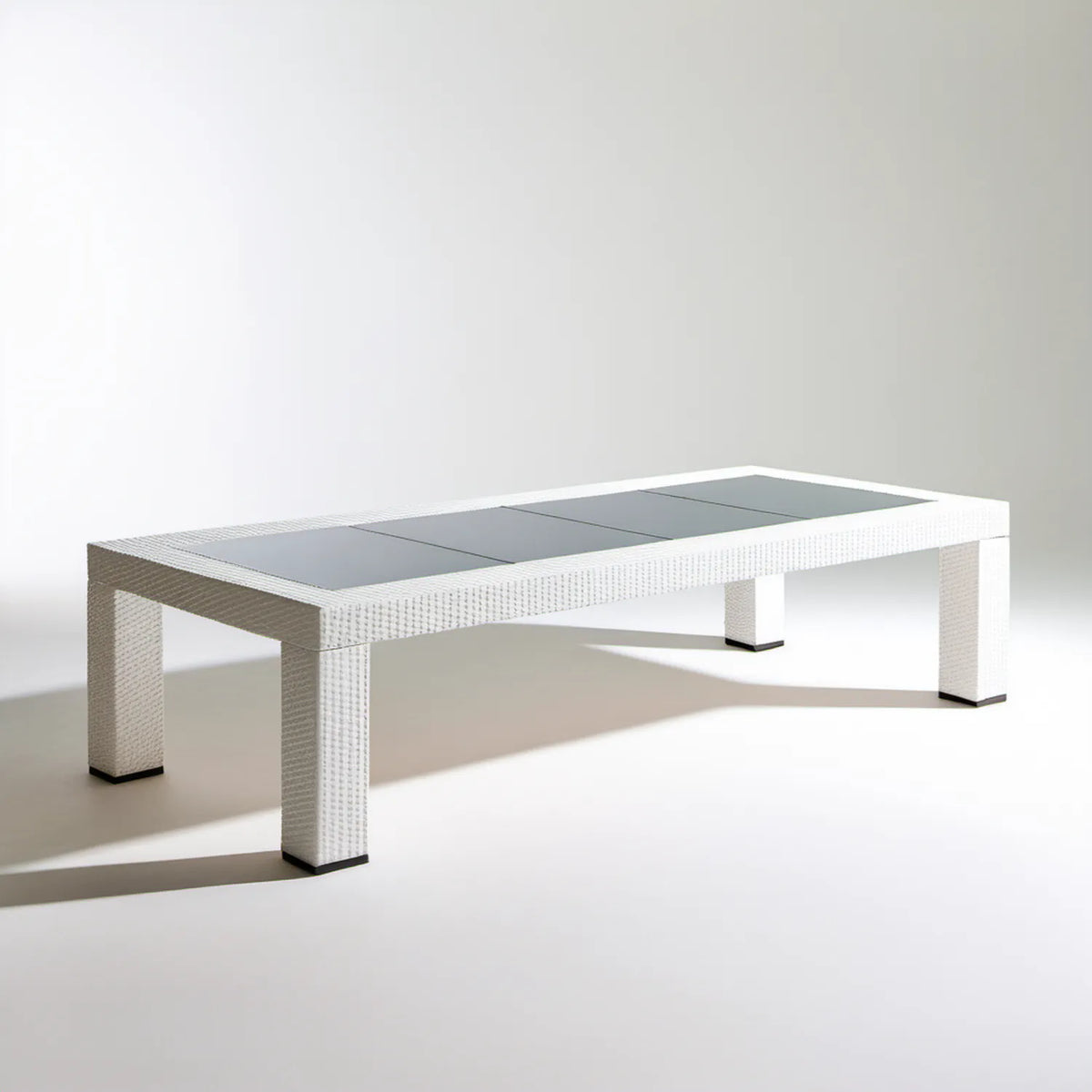 Prostokątny stół ogrodowy z technorattanu PE i szkła hartowanego, biały/szary/czarny, 180 x 90 x 75 cm