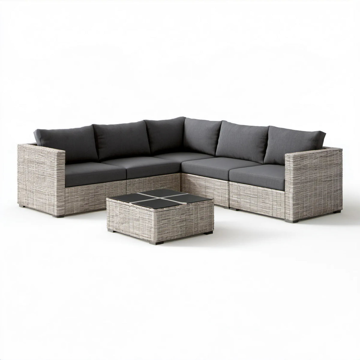 Narożny zestaw ogrodowy z technorattanu, szary/grafitowy/czarny, sofa 220 × 220 × 65 cm, stolik 70 × 70 × 35 cm