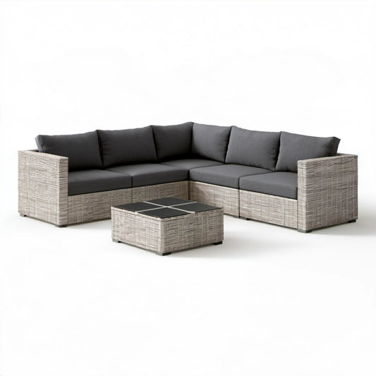 Narożny zestaw ogrodowy z technorattanu, szary/grafitowy/czarny, sofa 220 × 220 × 65 cm, stolik 70 × 70 × 35 cm