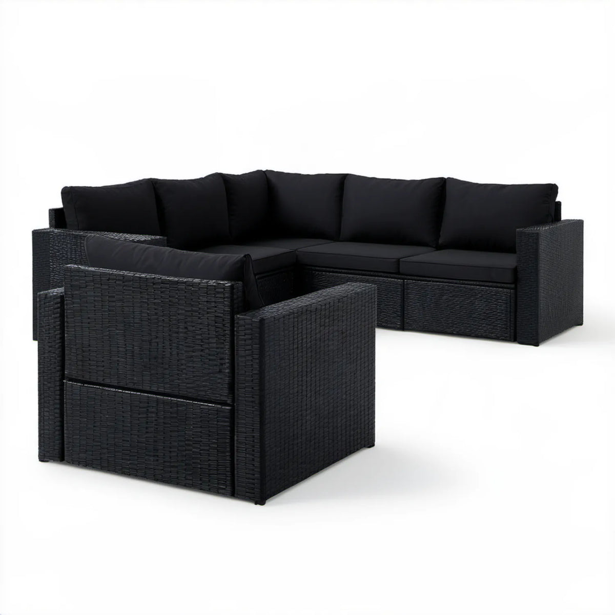 Czarny zestaw ogrodowy z technorattanu PE: sofa 3-osobowa 182 x 70 x 80 cm i fotel 70 x 70 x 80 cm