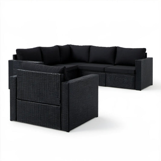 Czarny zestaw ogrodowy z technorattanu PE: sofa 3-osobowa 182 x 70 x 80 cm i fotel 70 x 70 x 80 cm