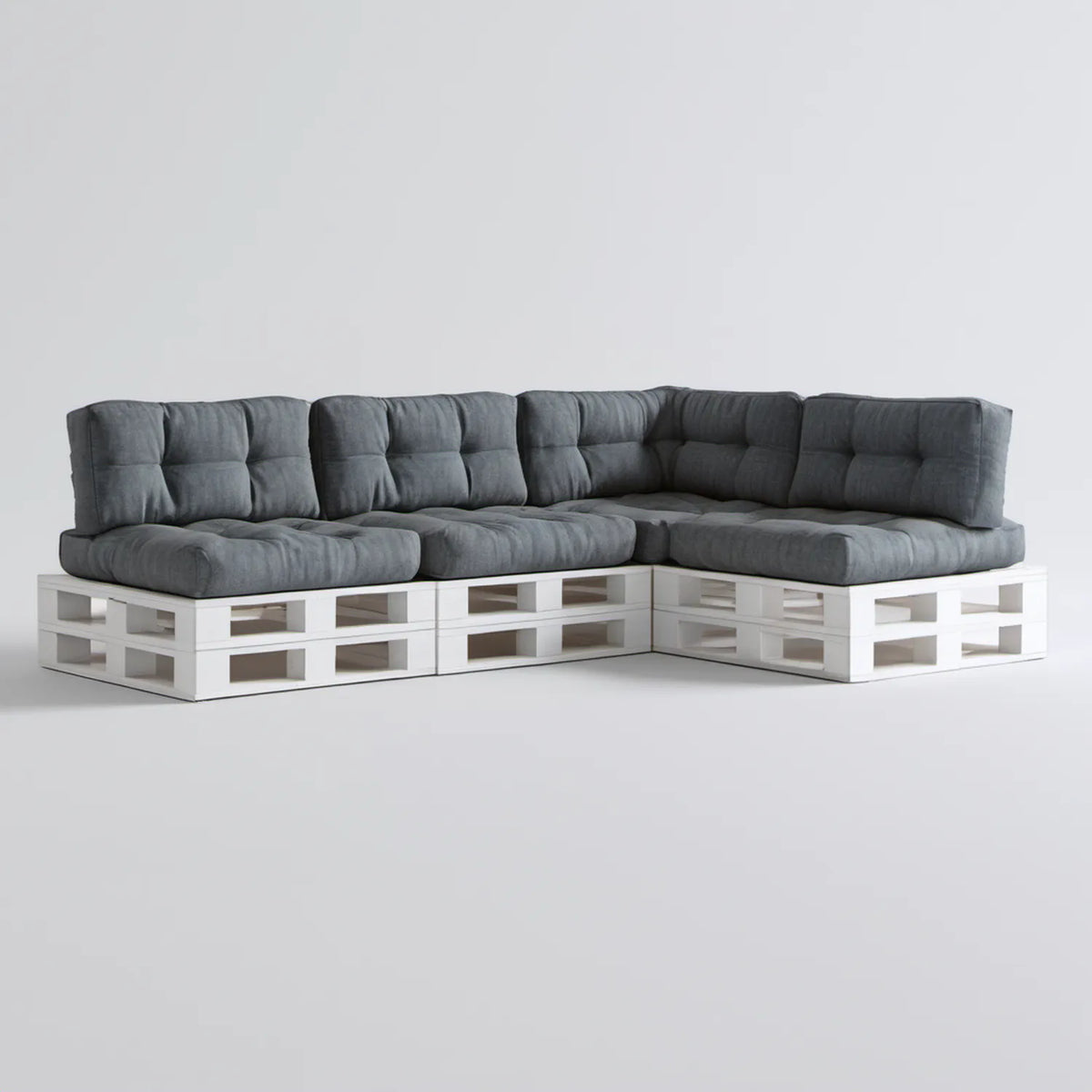 Narożna sofa ogrodowa z palet 240 × 180 × 80 cm, biała z ciemnoszarymi poduszkami