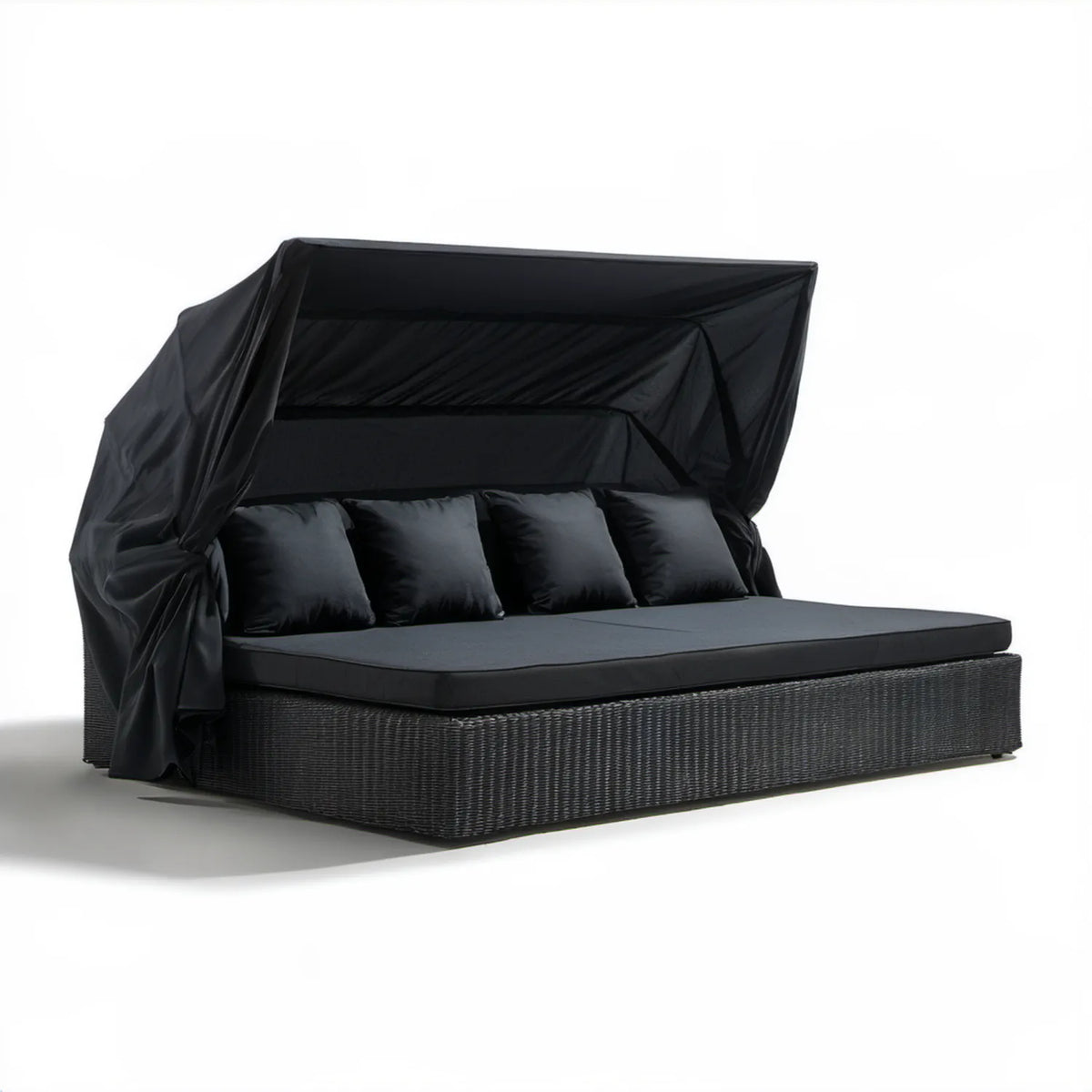 Czarna sofa ogrodowa z daszkiem z technorattanu PE 220 x 140 x 140 cm