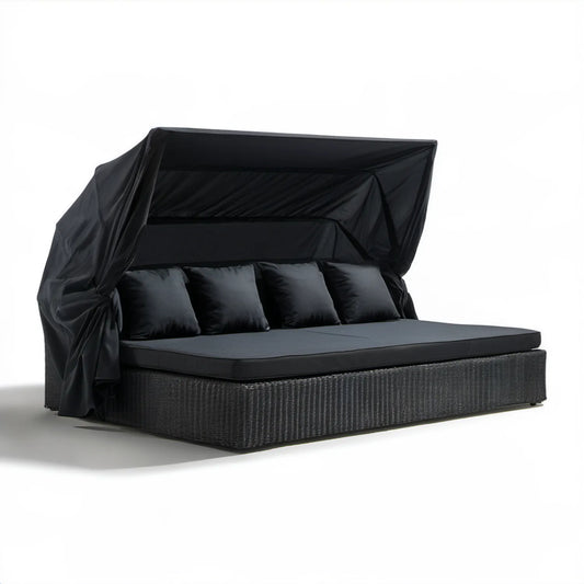 Czarna sofa ogrodowa z daszkiem z technorattanu PE 220 x 140 x 140 cm